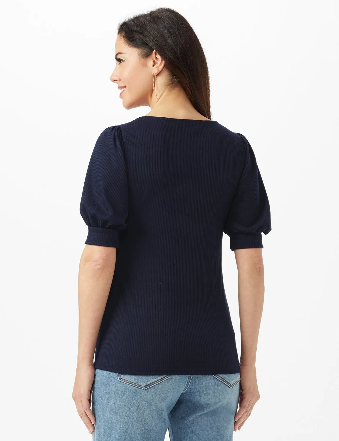 3 Button Puff Sleeve Knit Top - Petite