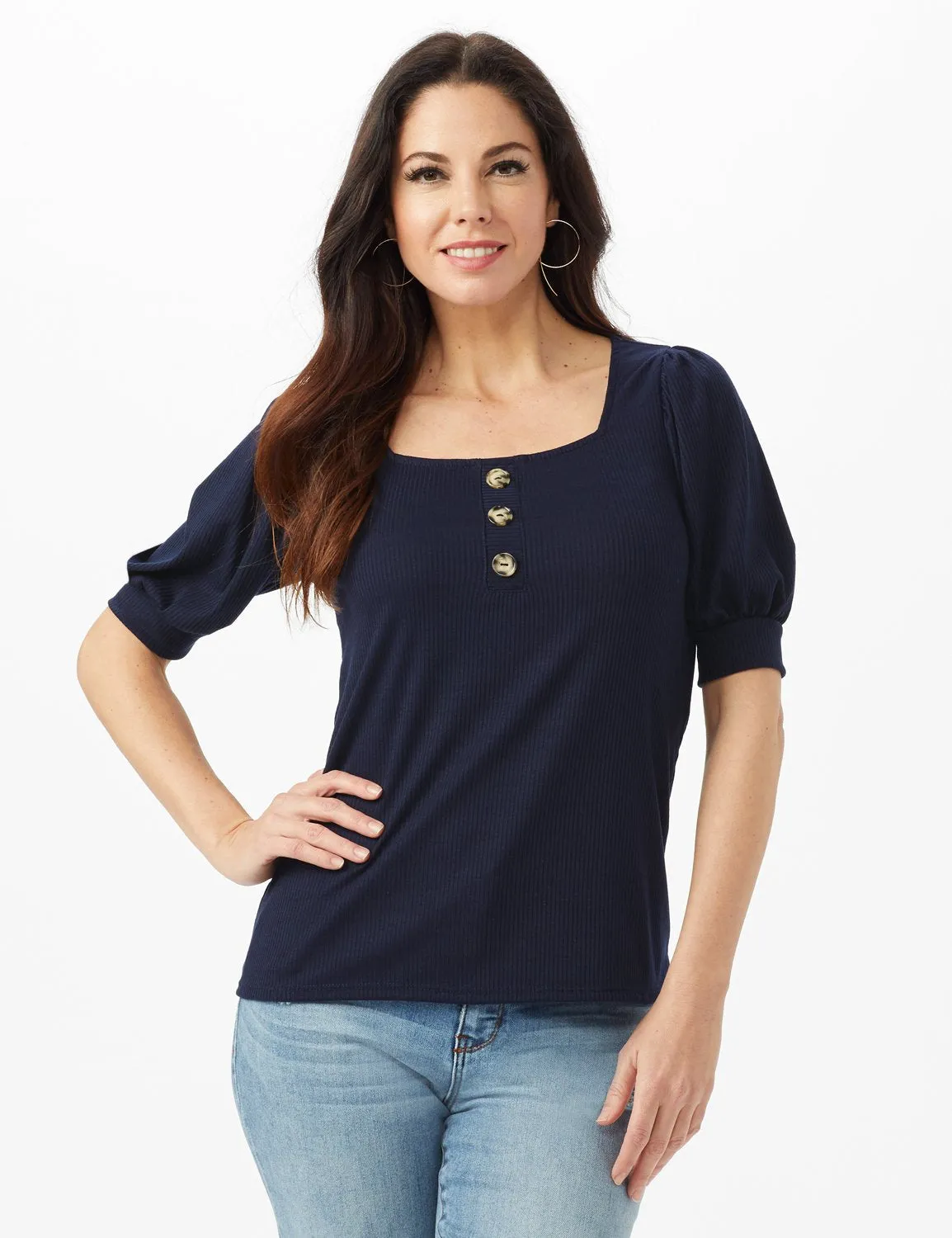 3 Button Puff Sleeve Knit Top - Petite