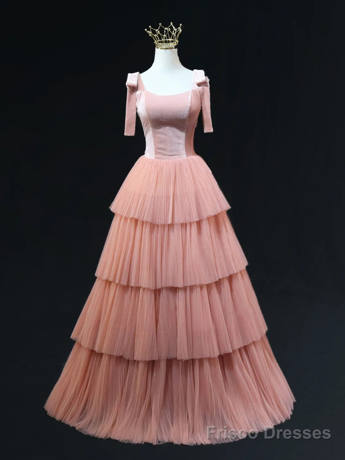A Line Pink Tulle Long Prom Dresses, Pink Formal Graduation Dresses