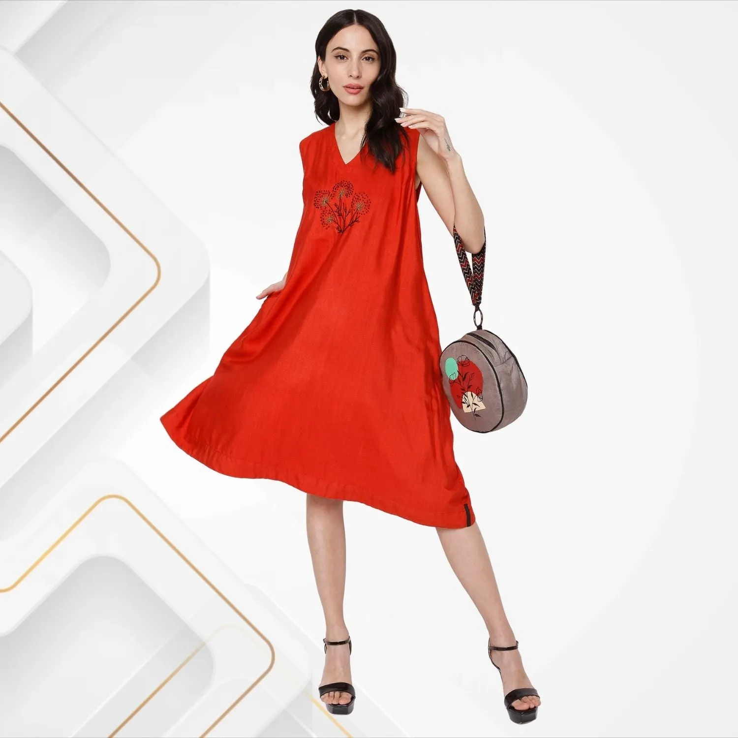 Amalia Hand Embroidered Dress | Chic | Day And Party Wear | Bright Red