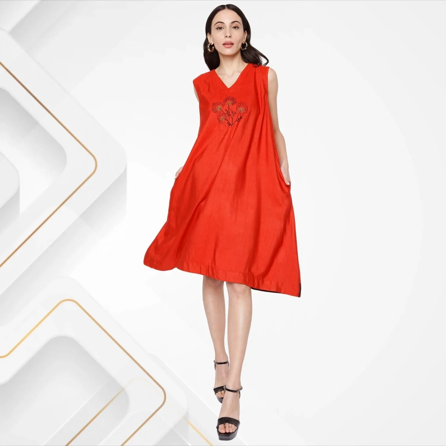 Amalia Hand Embroidered Dress | Chic | Day And Party Wear | Bright Red