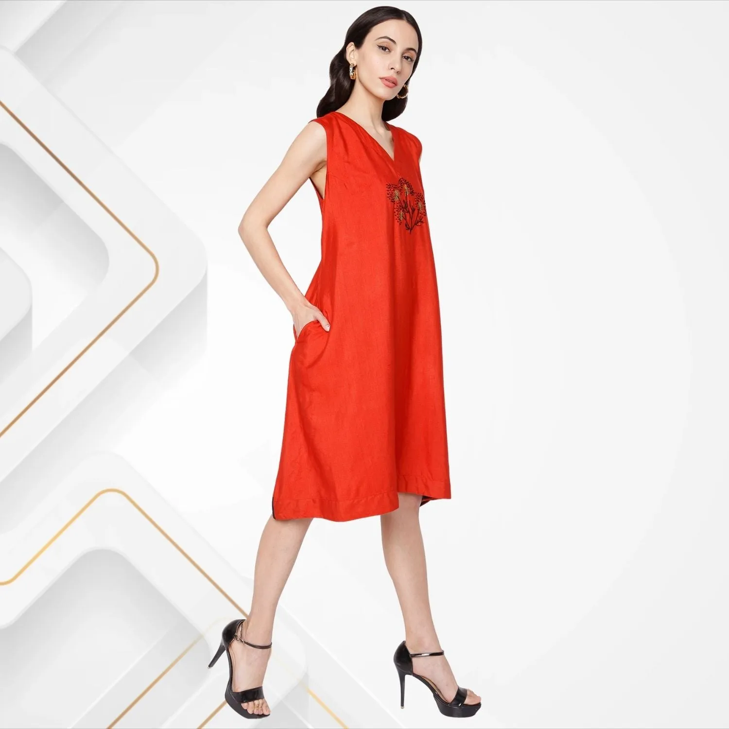 Amalia Hand Embroidered Dress | Chic | Day And Party Wear | Bright Red