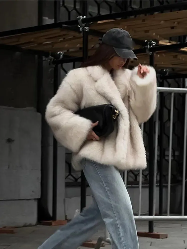 Back To School Sonicelife Women Autumn Winter Solid Fluffy Faux Fur Thick Coat Elegant Lapel Long Sleeves Short Overcoats 2024 New Warm Street Outerwear