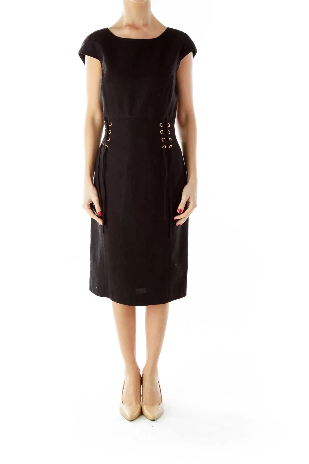 Black and Gold Lace -up Day Dress