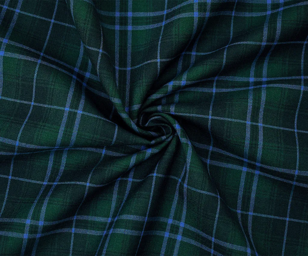 Blue-Green-Multi Poly Wool Plaid Check Shirting Woven Fabric
