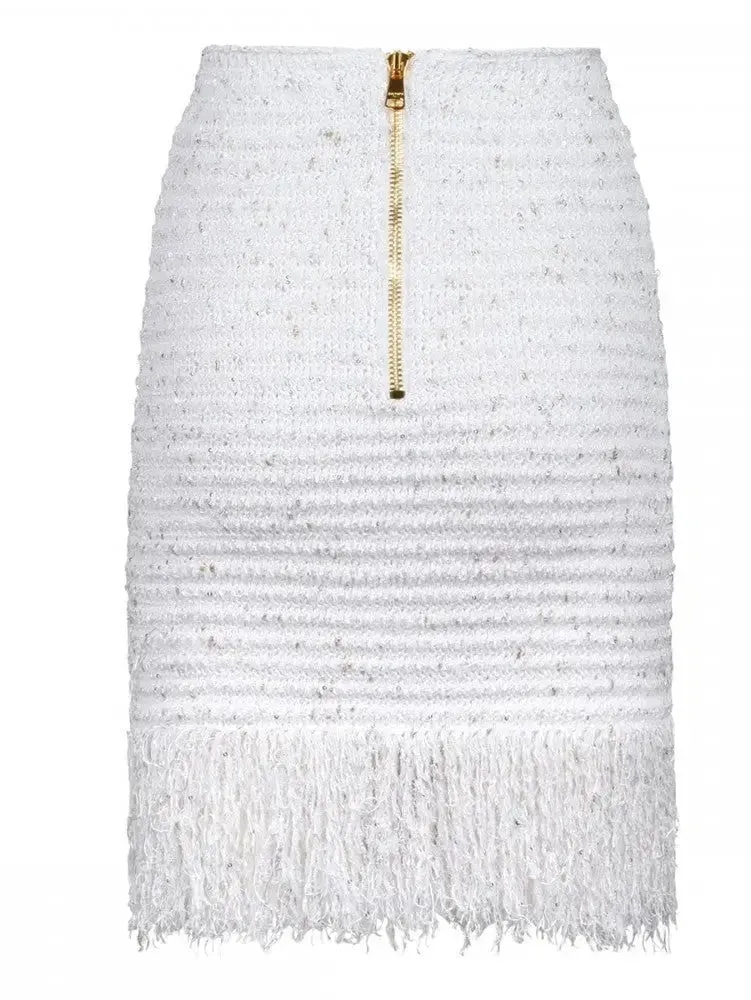 Buttoned Fringed Tweed Mini Skirt