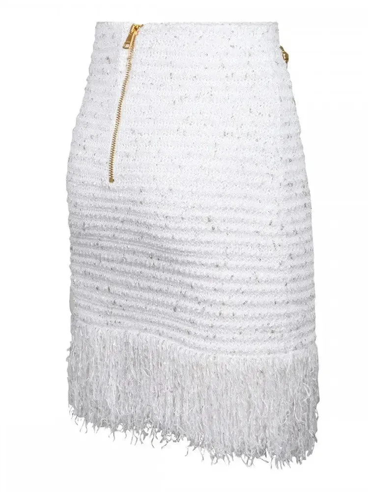 Buttoned Fringed Tweed Mini Skirt