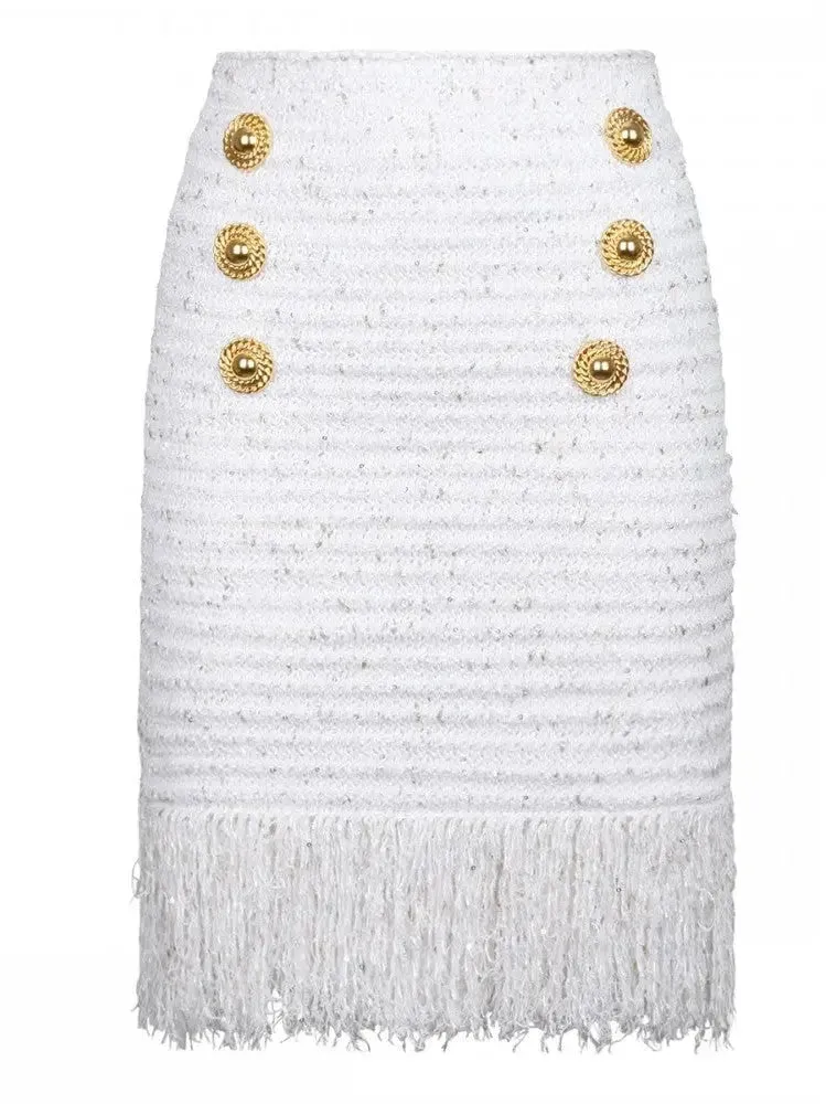 Buttoned Fringed Tweed Mini Skirt
