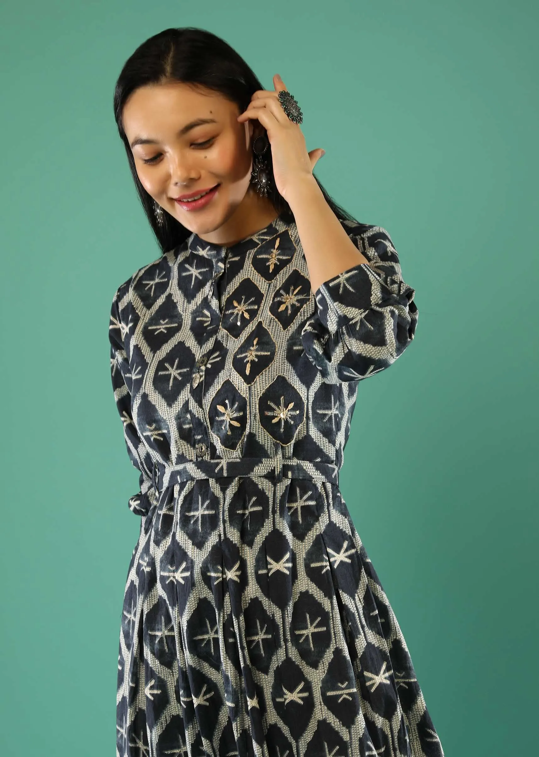 Denim Blue A Line Tunic In Cotton With Jaal Print And Thread Work Online - Re By Kalki