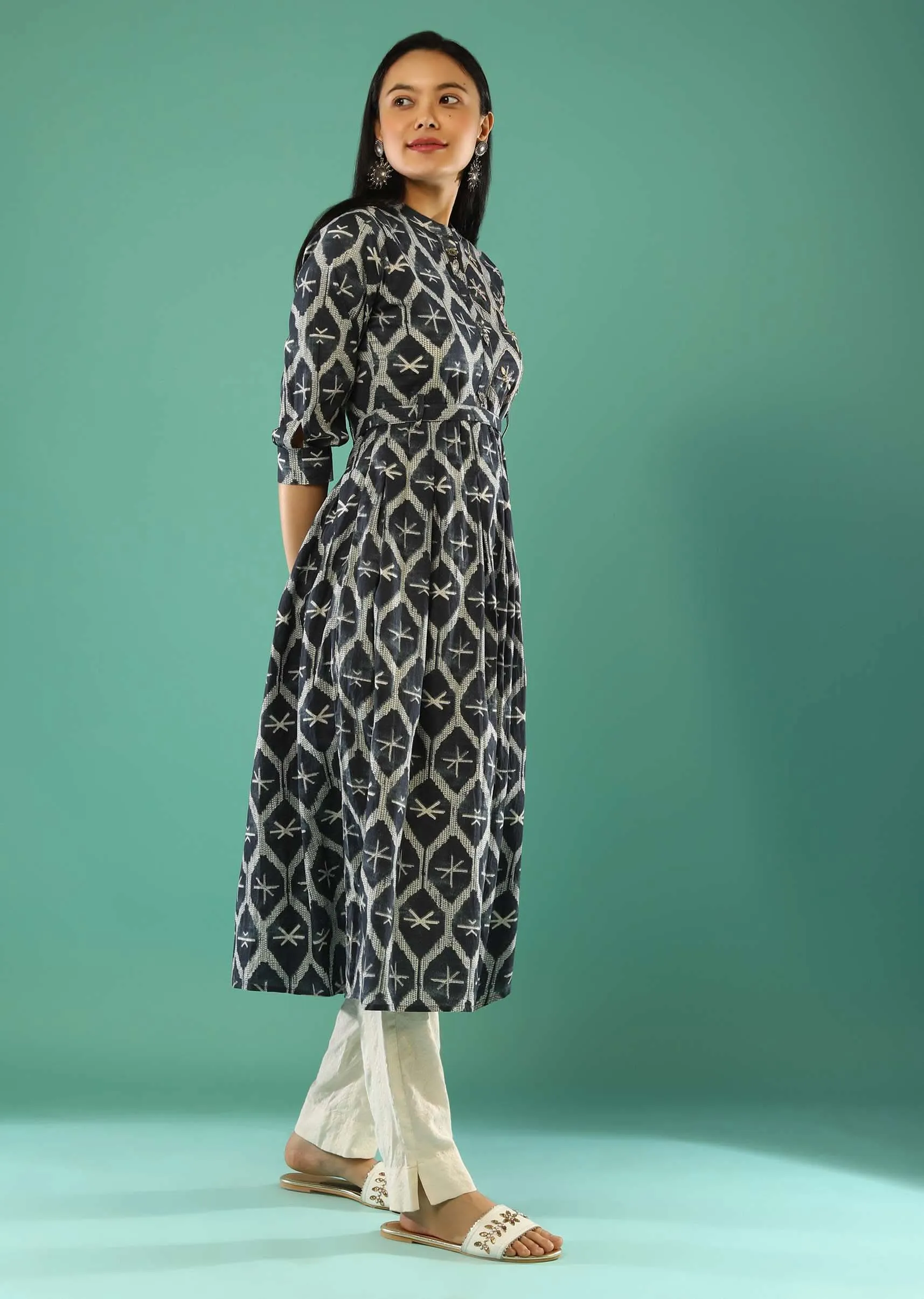 Denim Blue A Line Tunic In Cotton With Jaal Print And Thread Work Online - Re By Kalki