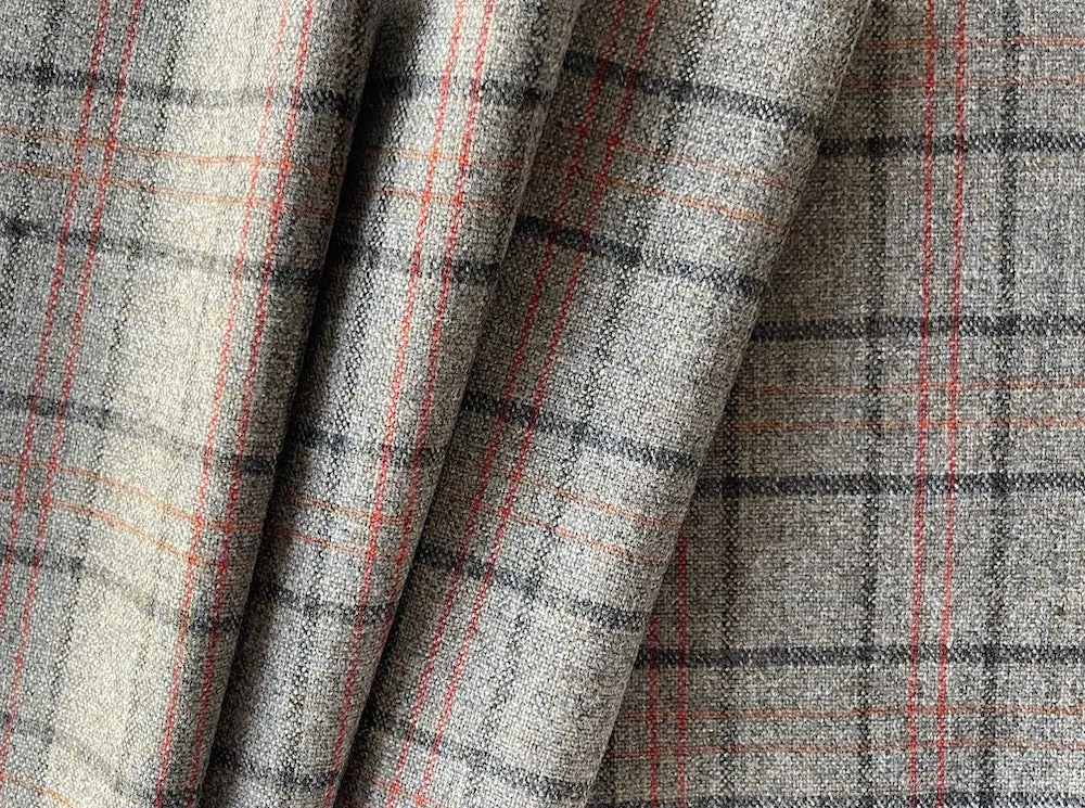 Lanificio di Pray Mid-Weight Understated Elegance Greige & Vermilion Wool Tweed Plaid (Made in Italy)