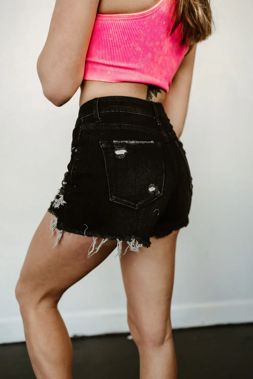 Risen Black Mid Rise Patch Denim Shorts