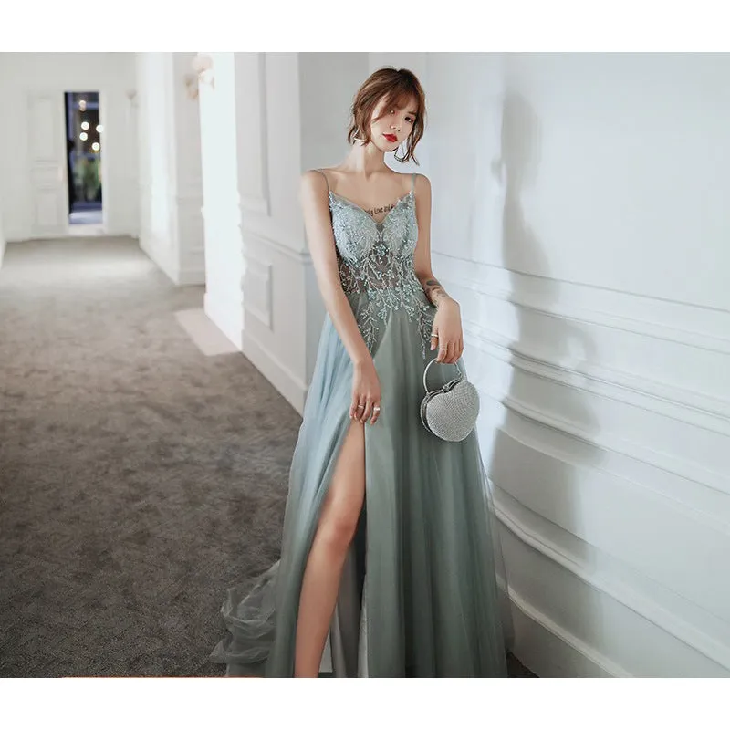 Spaghetti Strap Beaded Tulle Prom Dress A Line Formal Party Gown with Slit 720