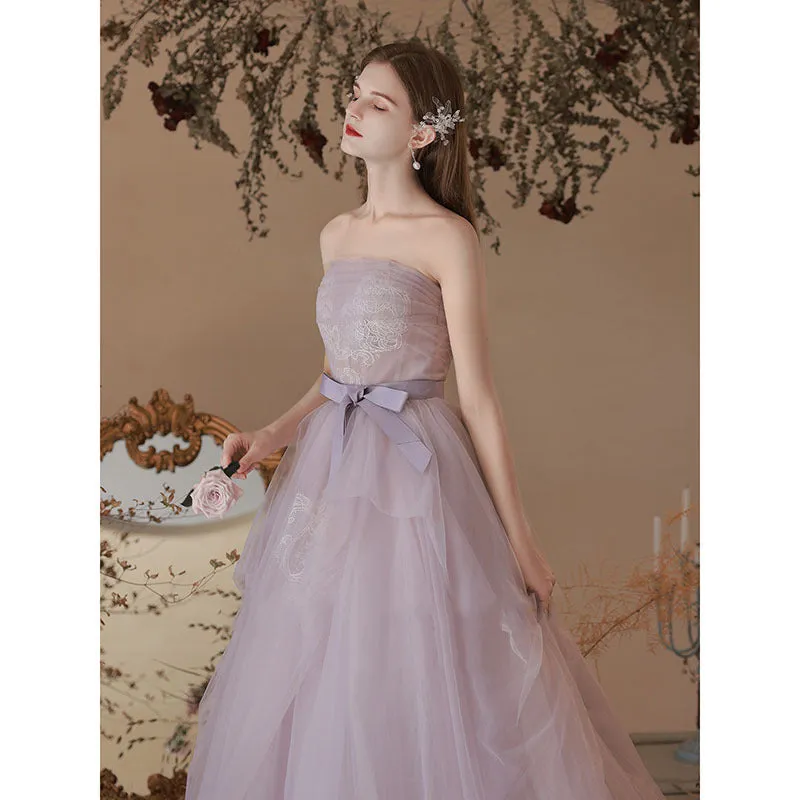 Strapless Purple Tulle Prom Dress A Line Formal Party Gown 677