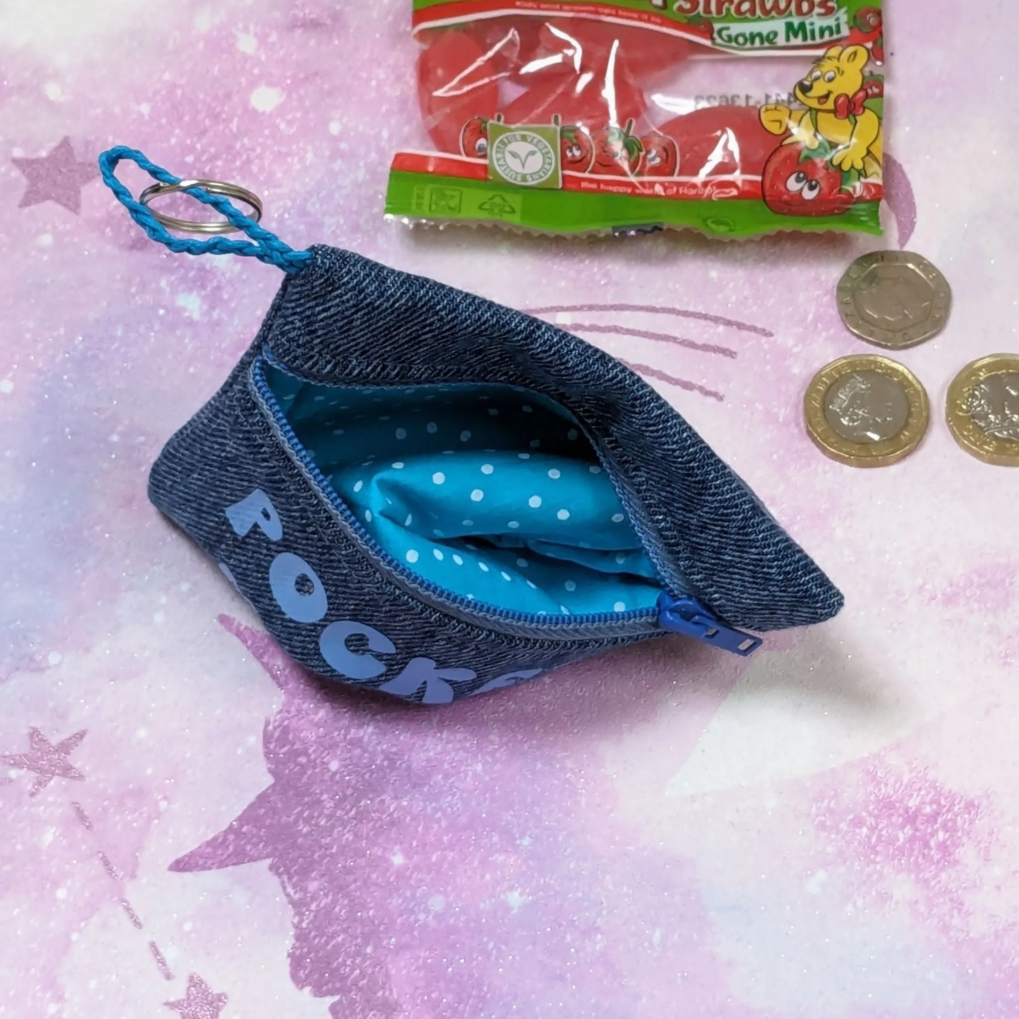 Upcycled Denim Coin Purse - Turquoise Polka Dots