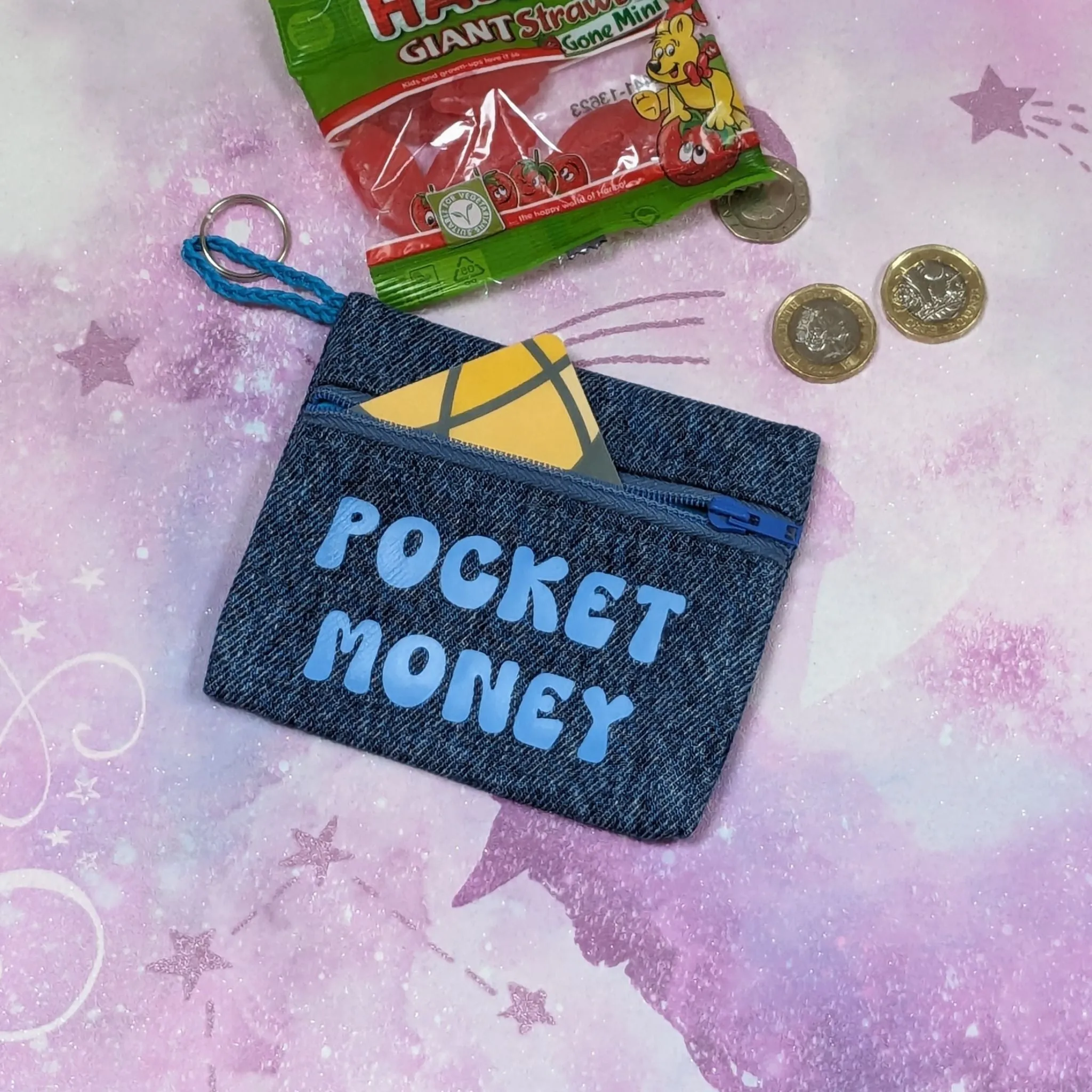 Upcycled Denim Coin Purse - Turquoise Polka Dots