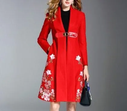 V-neck Embroidery Runway Windbreaker Coat