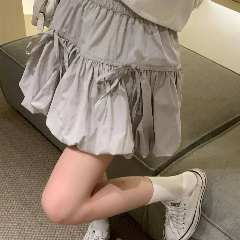 Vevesc Korean Ins Bowknot A Line Skirts Women Summer High Waist Lantern Mini Skirts Woman Solid Color Sweet Style Skirt Girls