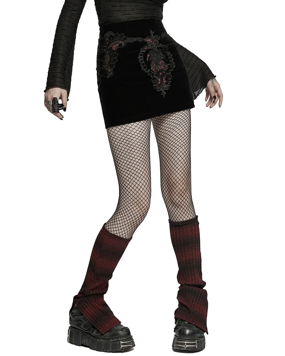 WQ-566 Womens Gothic Lace Applique Velvet Mini Skirt - Black & Red