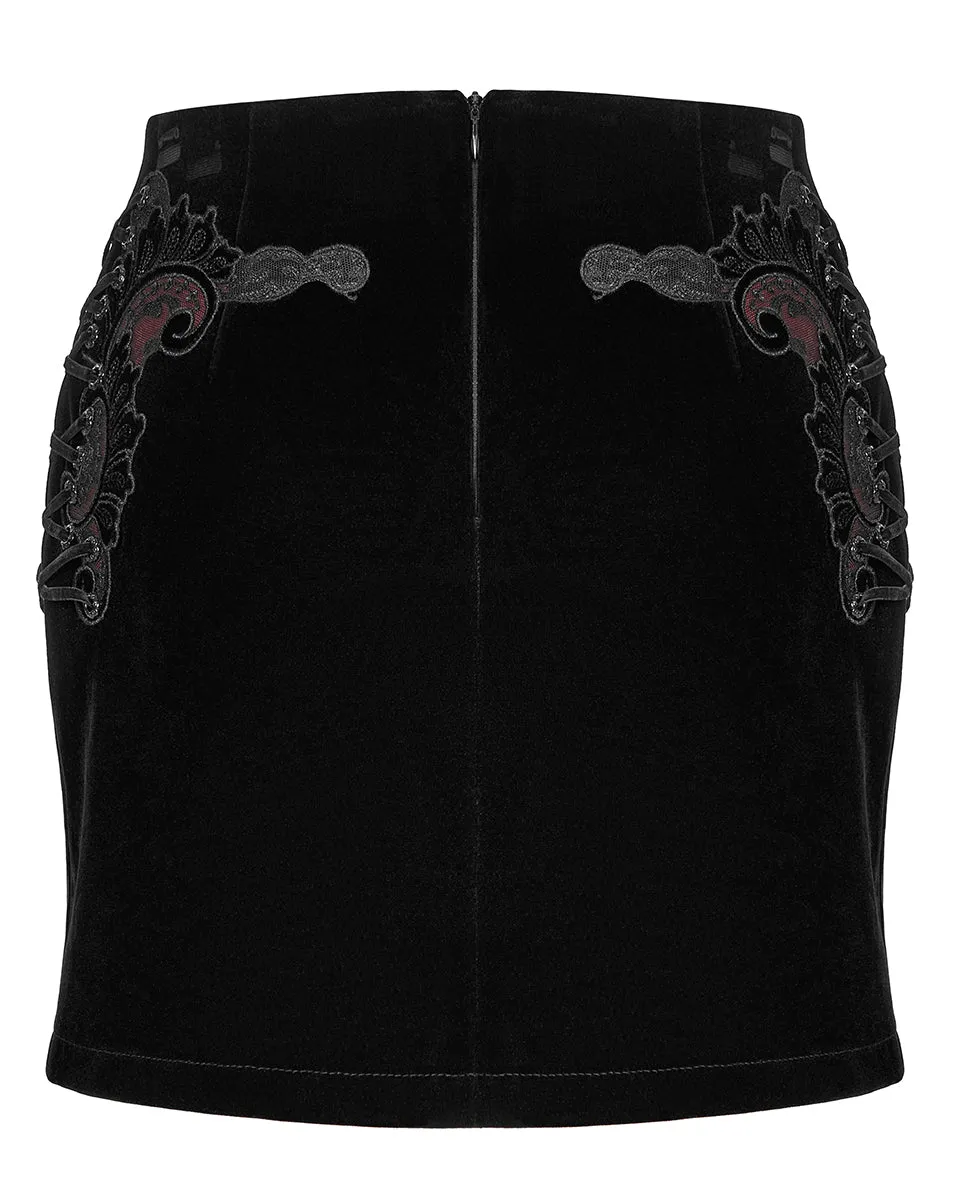 WQ-566 Womens Gothic Lace Applique Velvet Mini Skirt - Black & Red