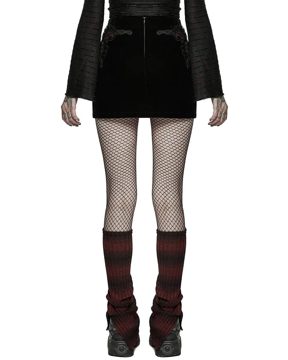WQ-566 Womens Gothic Lace Applique Velvet Mini Skirt - Black & Red